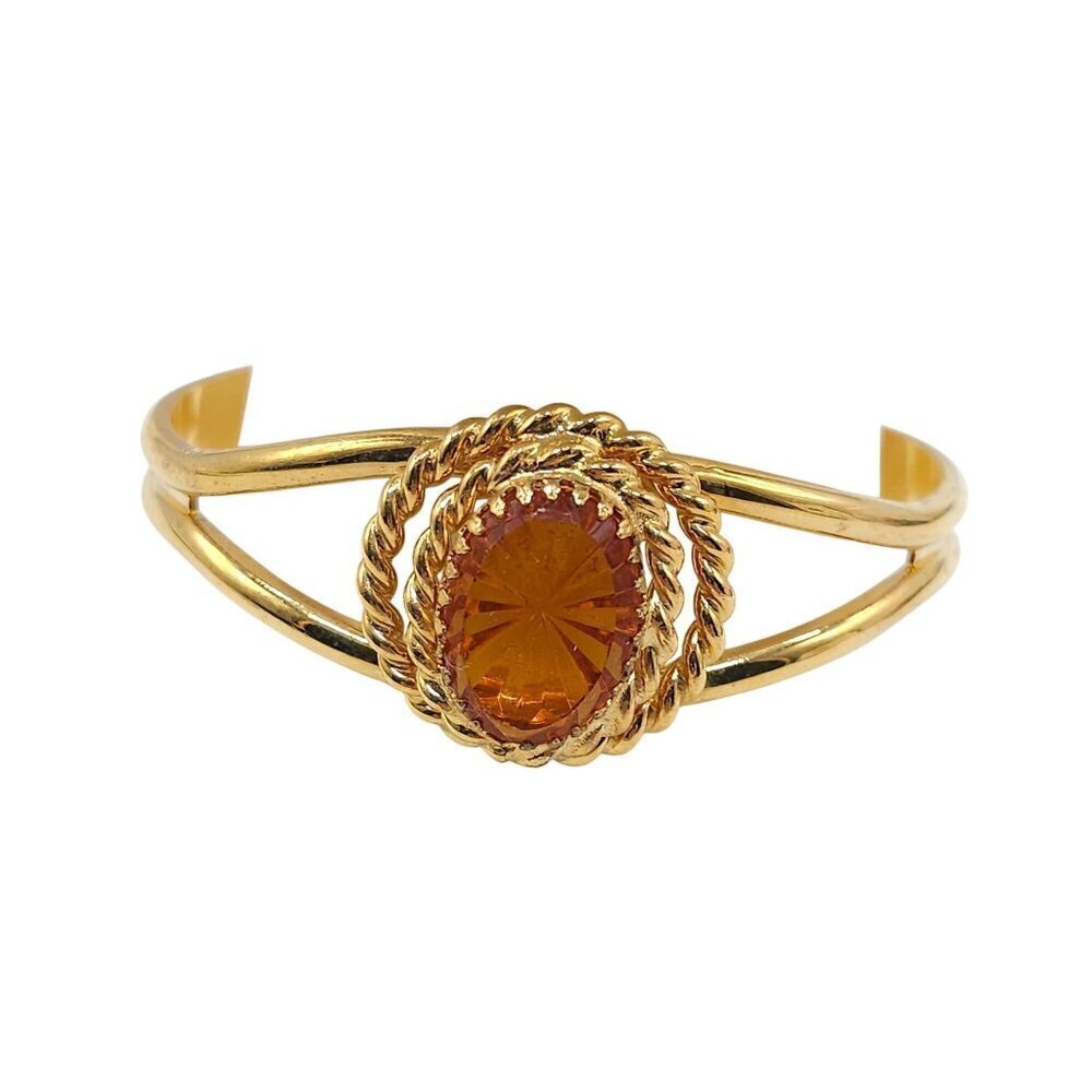 Vintage Gold Tone Cuff Bracelet With Amber Colored Glass Stone Rope Design